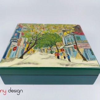 Green rectangular lacquer box engraved with Hanoi Old Quarter painting 27*30cm